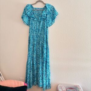 Draper James Womens Small Flutter Sleeve Maxi Dress Blue Aster Floral XXL